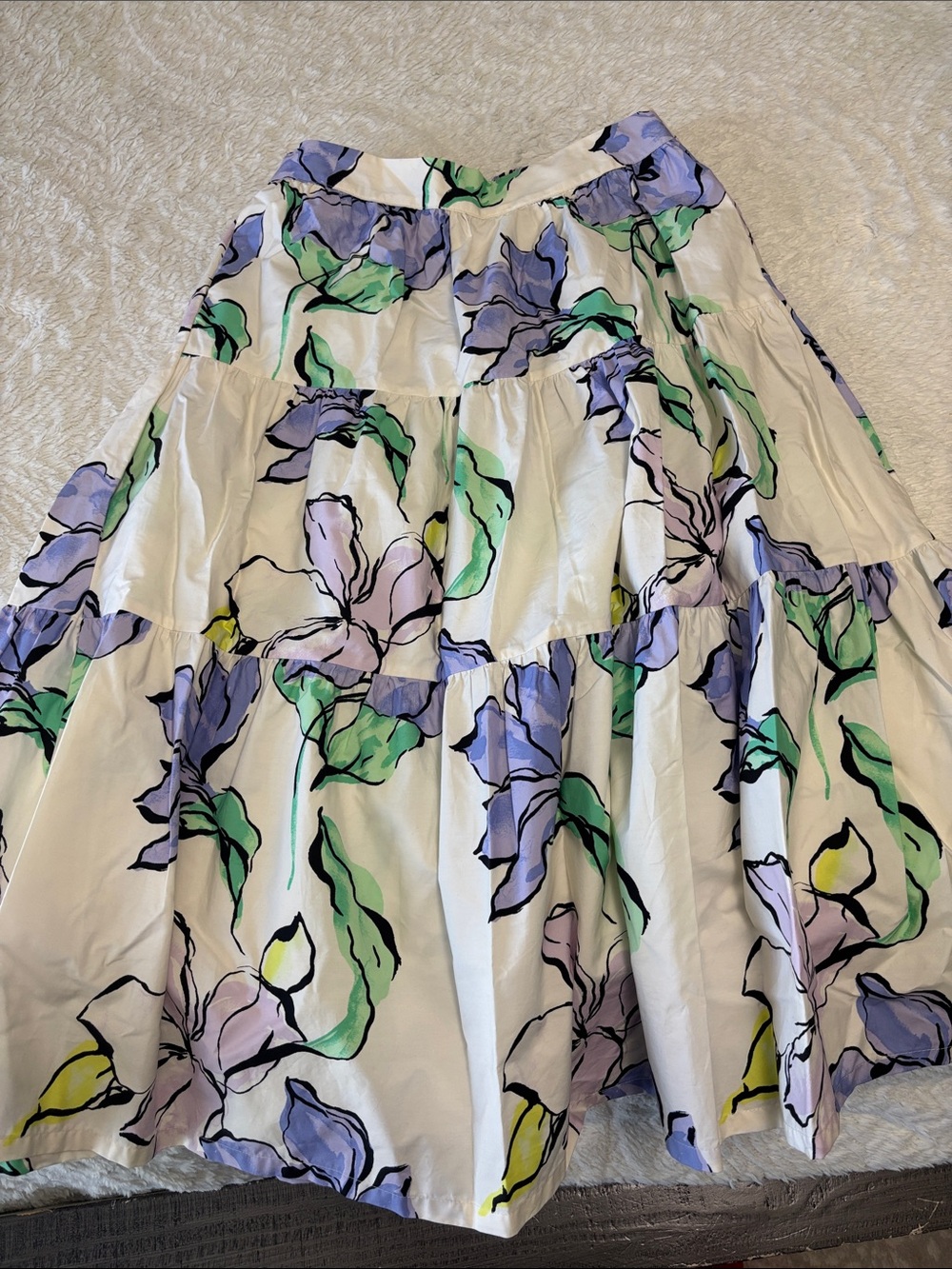 a new day White Tiered Midi Skirt with Purple, Green & Yellow Floral Print